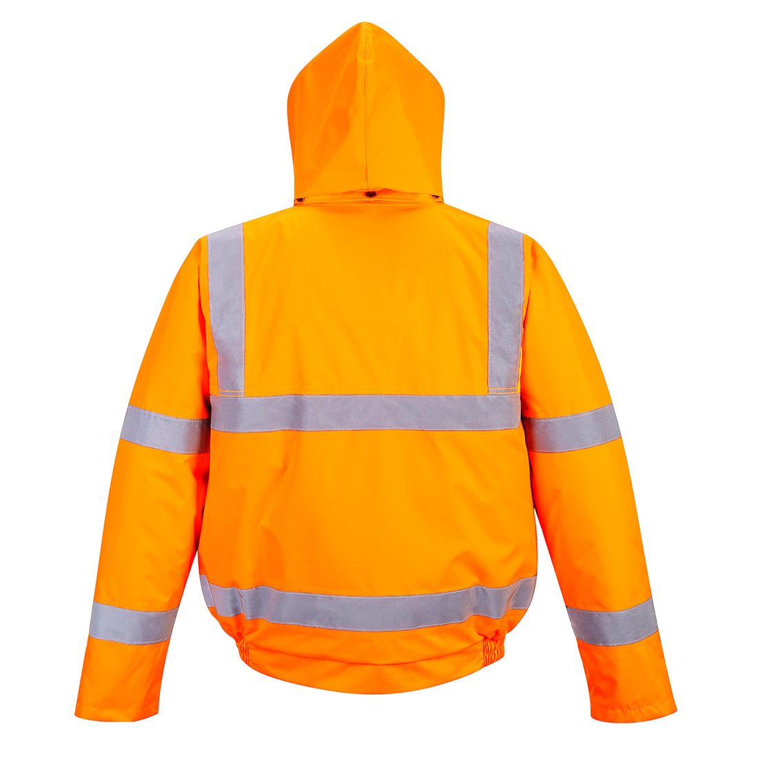 Warnschutz-Winterpilotjacke, orange mit Kapuze und Reflexstreifen, Rückansicht