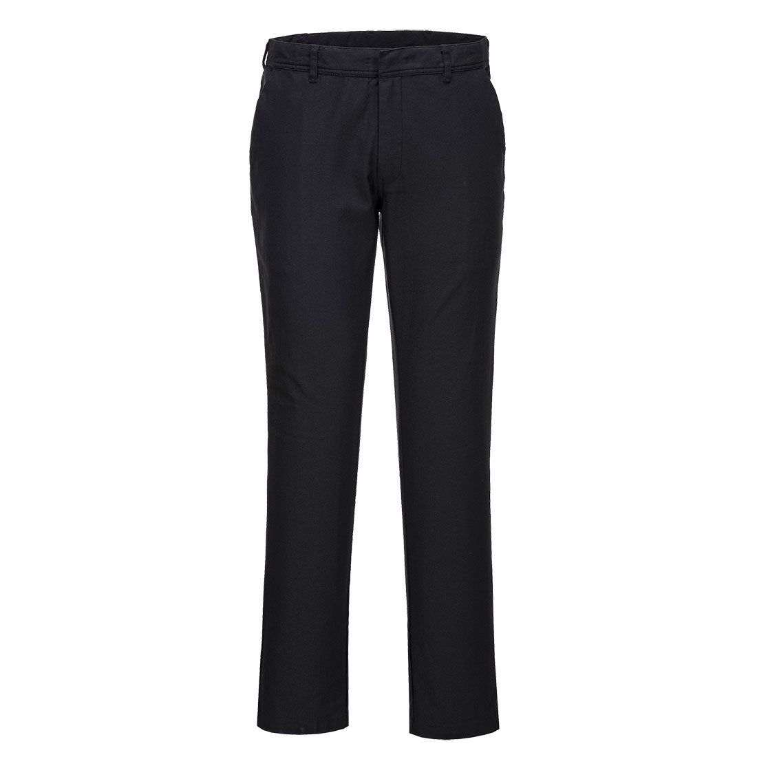 Schwarze Stretch-Chino-Bundhose mit Gürtelschlaufen, Knopf und Reißverschluss vorn