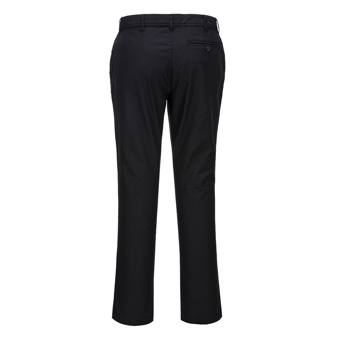 Schwarze Stretch-Chino-Bundhose hinten mit Gesäßtaschen und Gürtelschlaufen am Bund