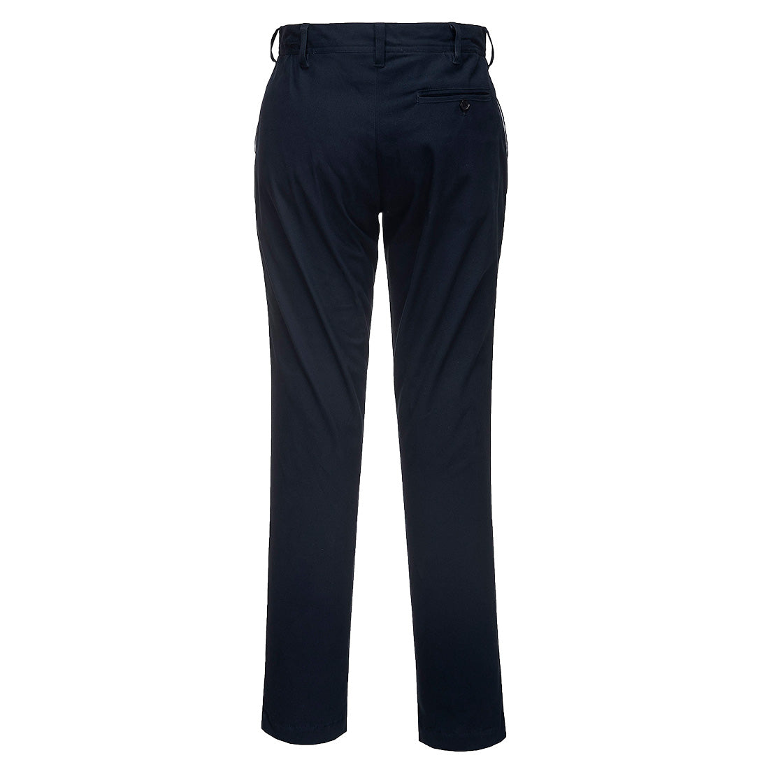 Schmal geschnittene Stretch-Chino-Bundhose in dunkelblau, Rückansicht, Gesäßtaschen