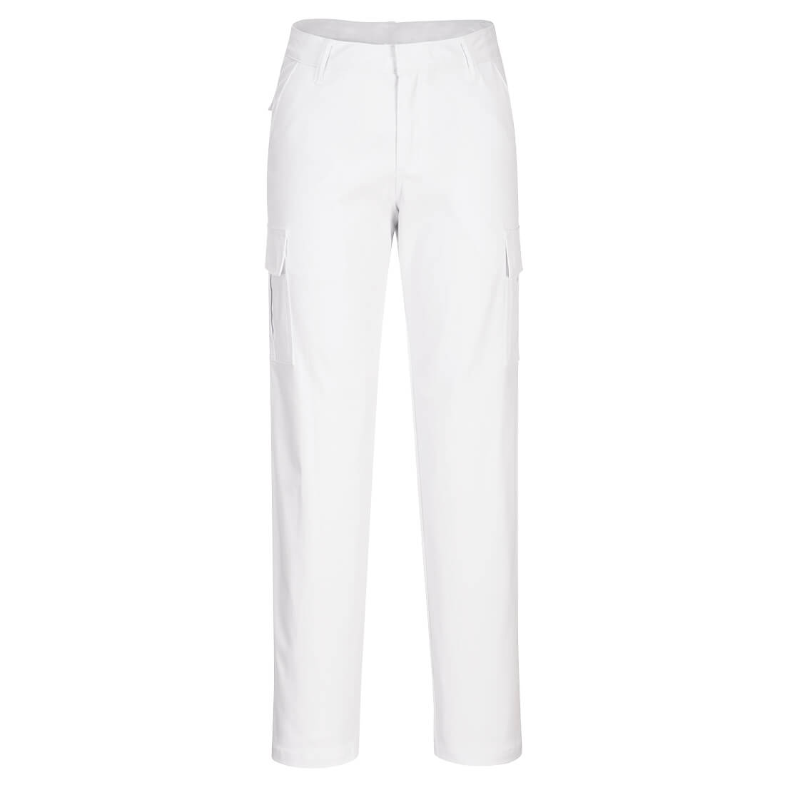 Portwest Damen Stretch-Cargo-Hose in Weiß mit seitlichen Taschen, Vorderseite