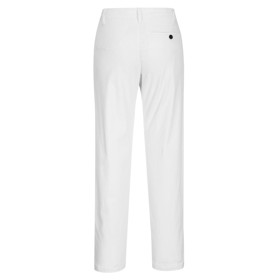 Damen Slim-Chinohose in Weiß, Rückansicht mit Bundknopf und geradem Bein