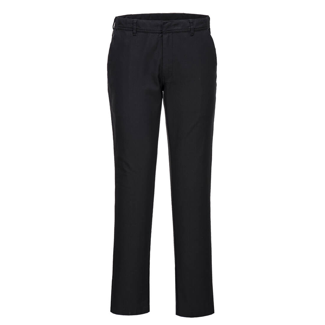 Damen-Slim-Chinohose in Schwarz mit Knopfleiste, Gürtelschlaufen und vorderen Taschen