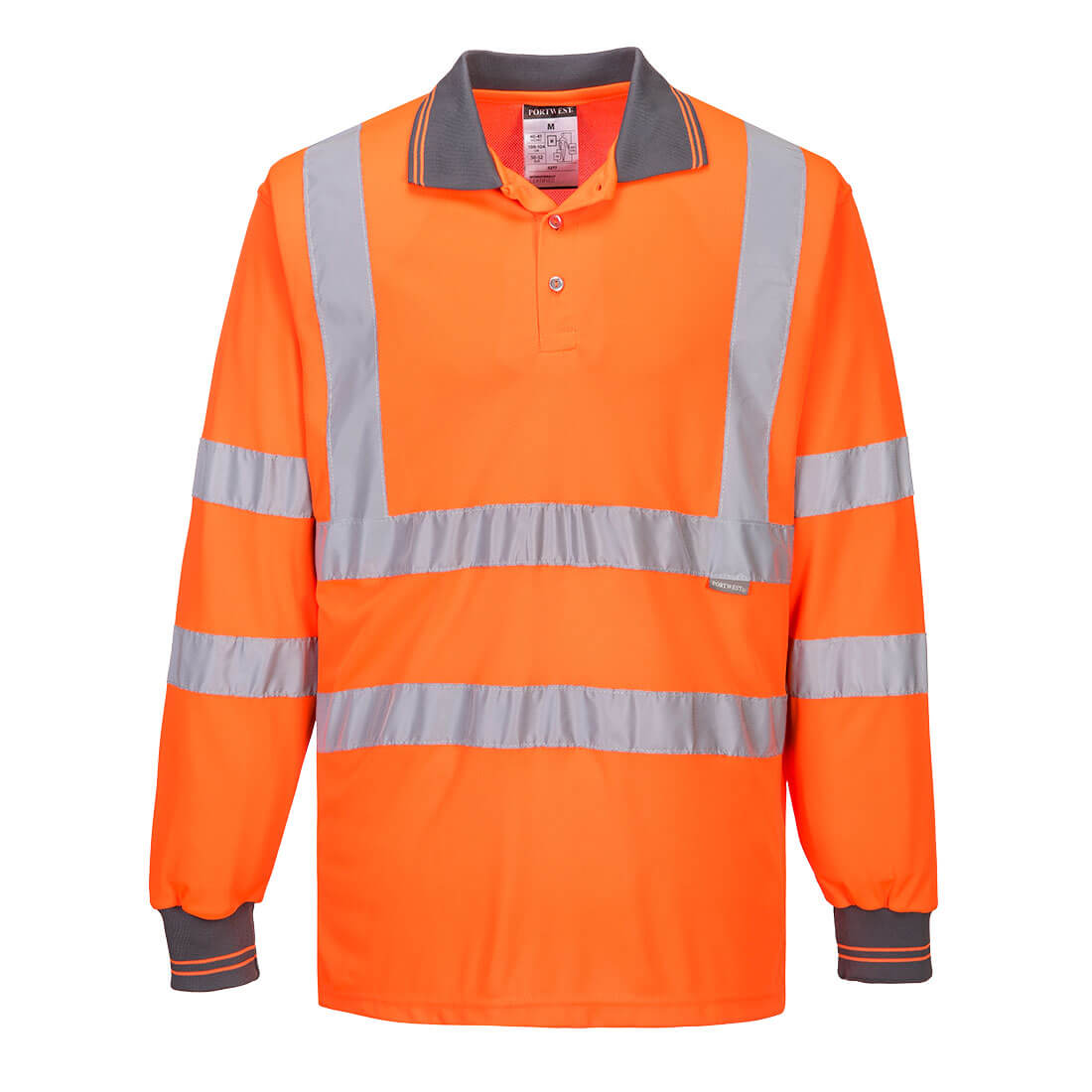Warnschutz-Poloshirt mit Langarm, orange, Polo-Kragen und reflektierenden Streifen