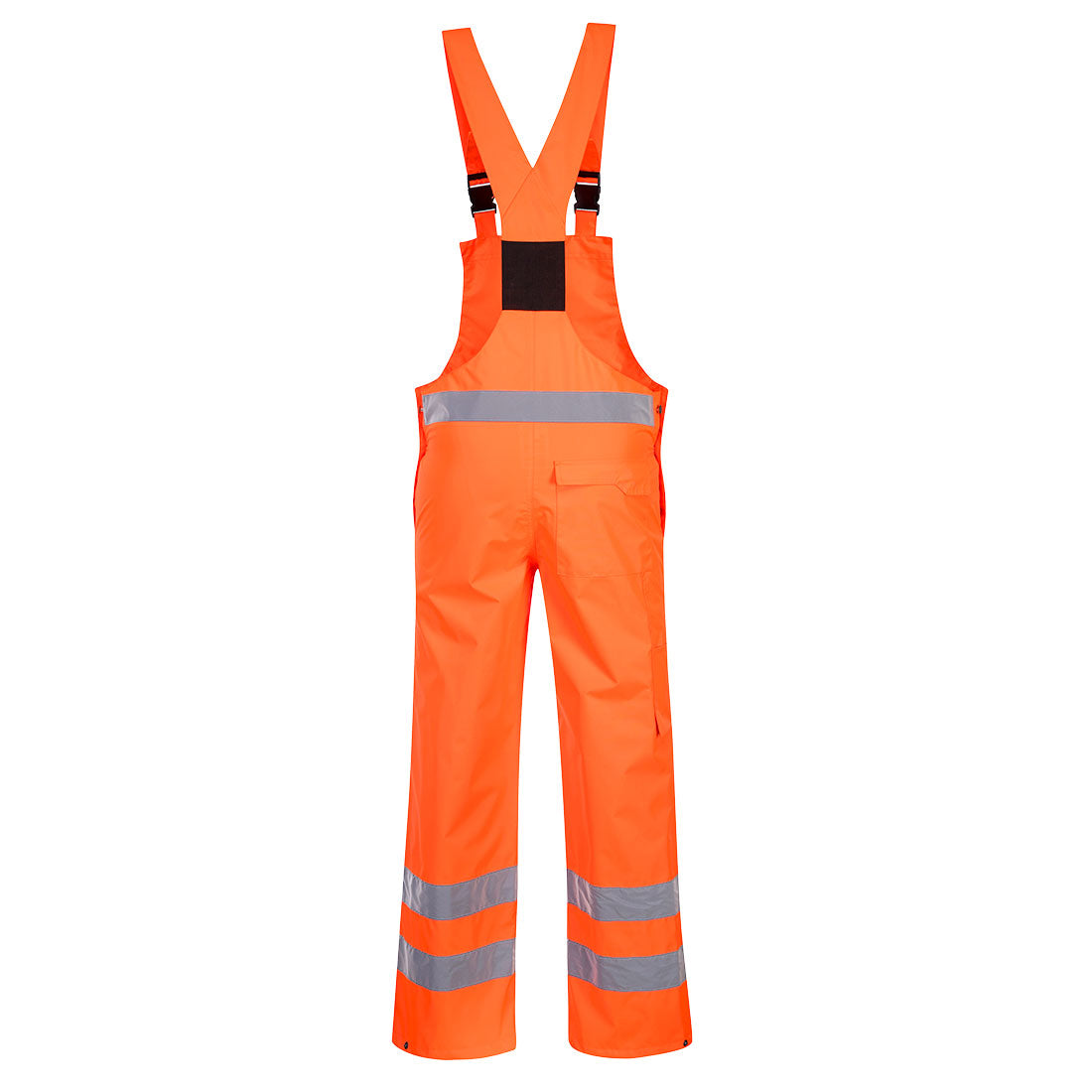 Warnschutz-Latzhose orange mit dunklem Einsatz am Latz und reflektierenden Streifen