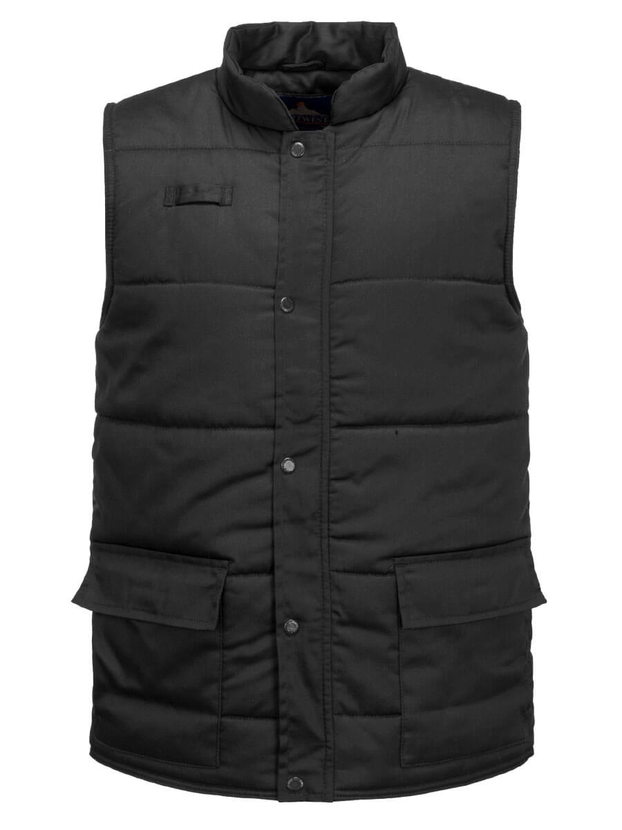 Gefütterte schwarze Steppweste mit Stehkragen, Knopfleiste und seitlichen Taschen