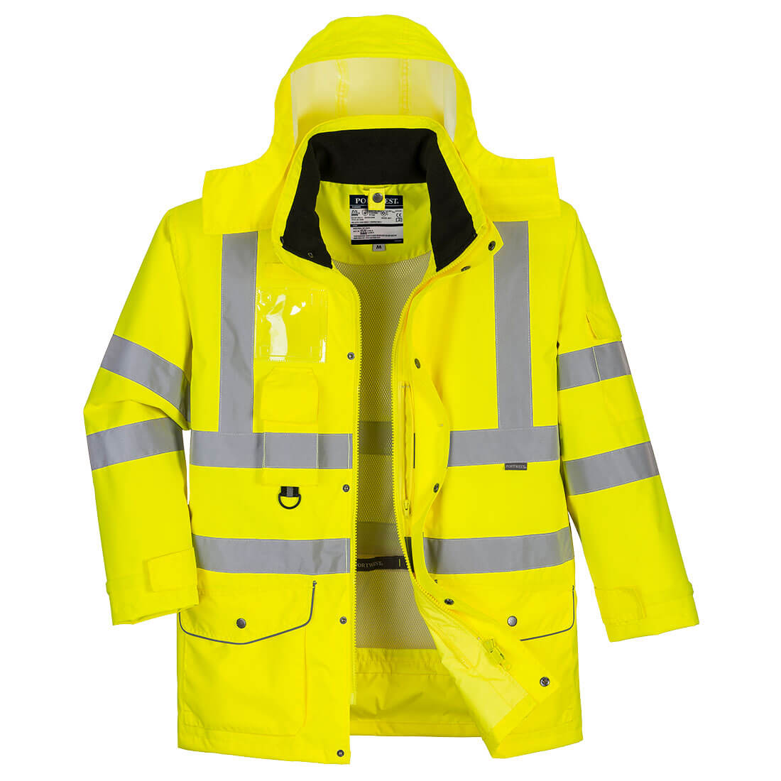 Warnschutz-Traffic-Jacke in Gelb mit Kapuze und reflektierenden Streifen, 7-in-1