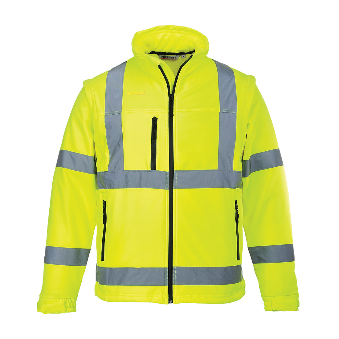 Portwest Warnschutz-Softshelljacke gelb, Kapuze, Reißverschluss vorn, Reflexstreifen