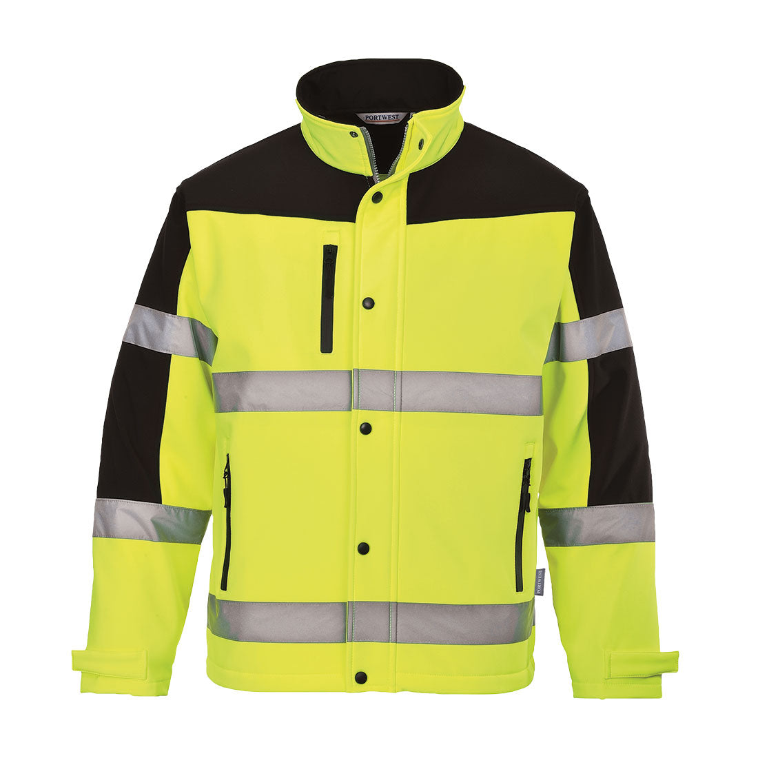 Portwest Warnschutz-Softshelljacke gelb mit Reflexstreifen, zweifarbig dunkel, Knopfleiste