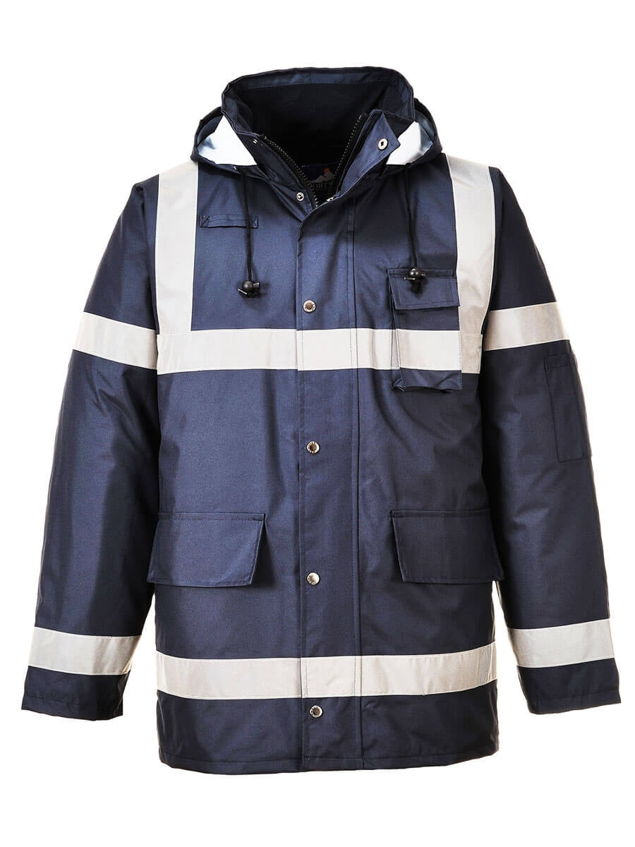 Portwest Iona Lite Jacke S433 in Marineblau mit Kapuze und reflektierenden Streifen