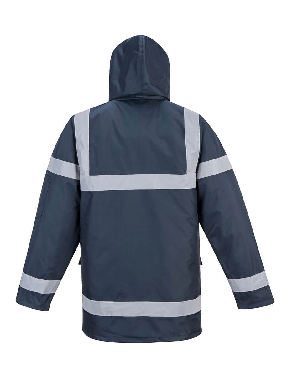 Portwest Iona Lite Jacke S433, Rückenansicht, Kapuze und breite Reflexstreifen