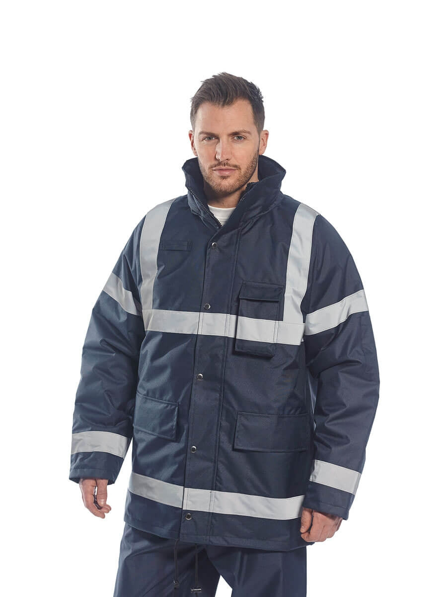 Portwest Iona Lite Jacke S433 Marineblau mit Kapuze, Brusttasche und reflektierenden Streifen