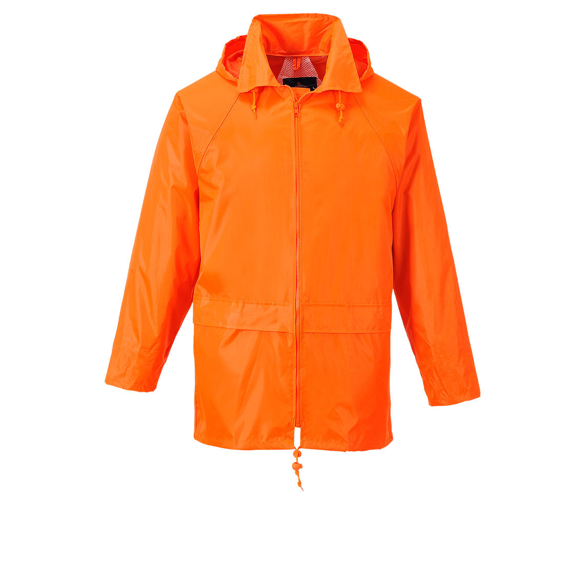 Warnschutz-Regenjacke orange mit Kapuze, Reißverschluss und reflektierenden Streifen