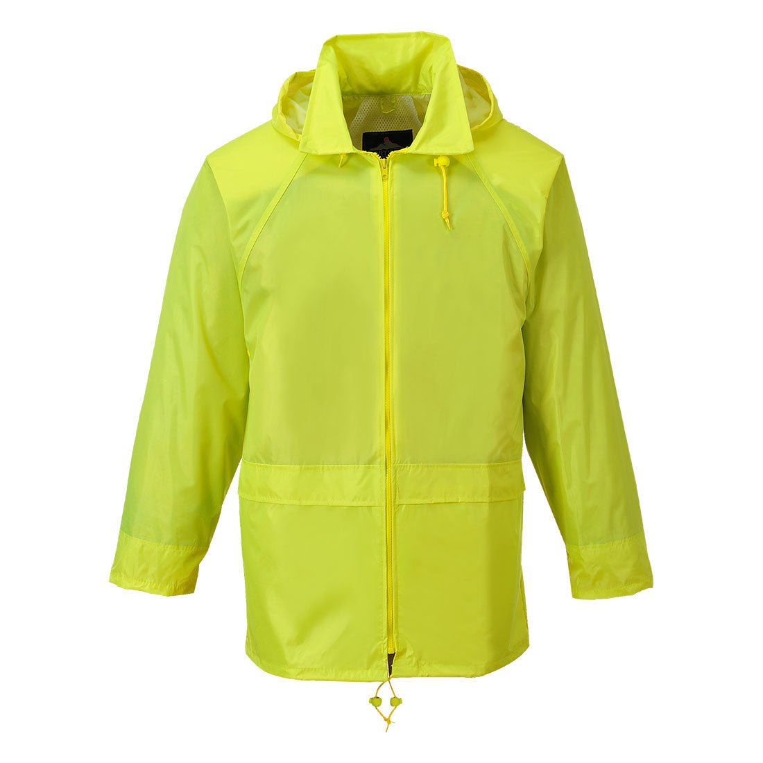 Warnschutz-Regenjacke, gelb, mit Kapuze und durchgehendem Reißverschluss