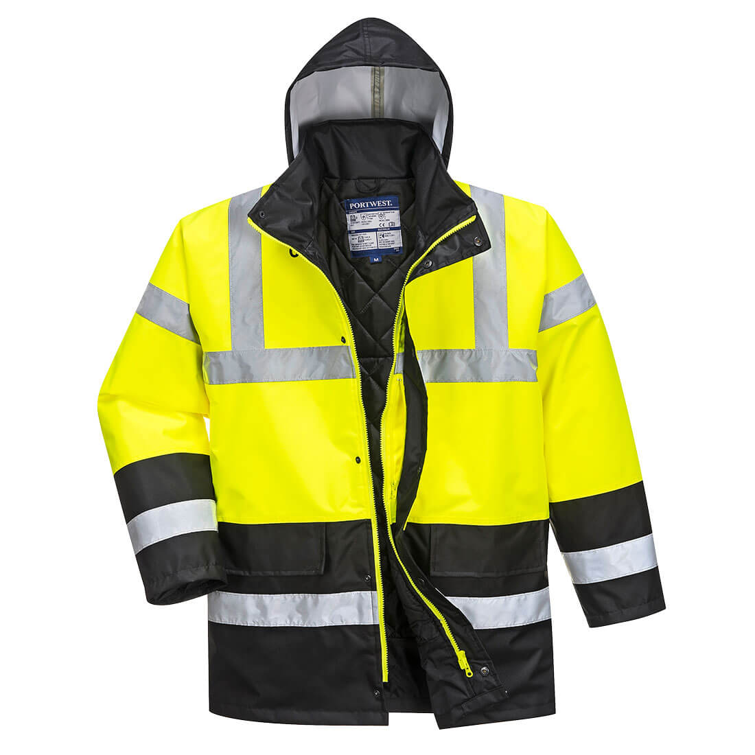 Warnschutzjacke gelb-schwarz mit Kapuze, durchgehendem Reißverschluss und reflektierenden Streifen