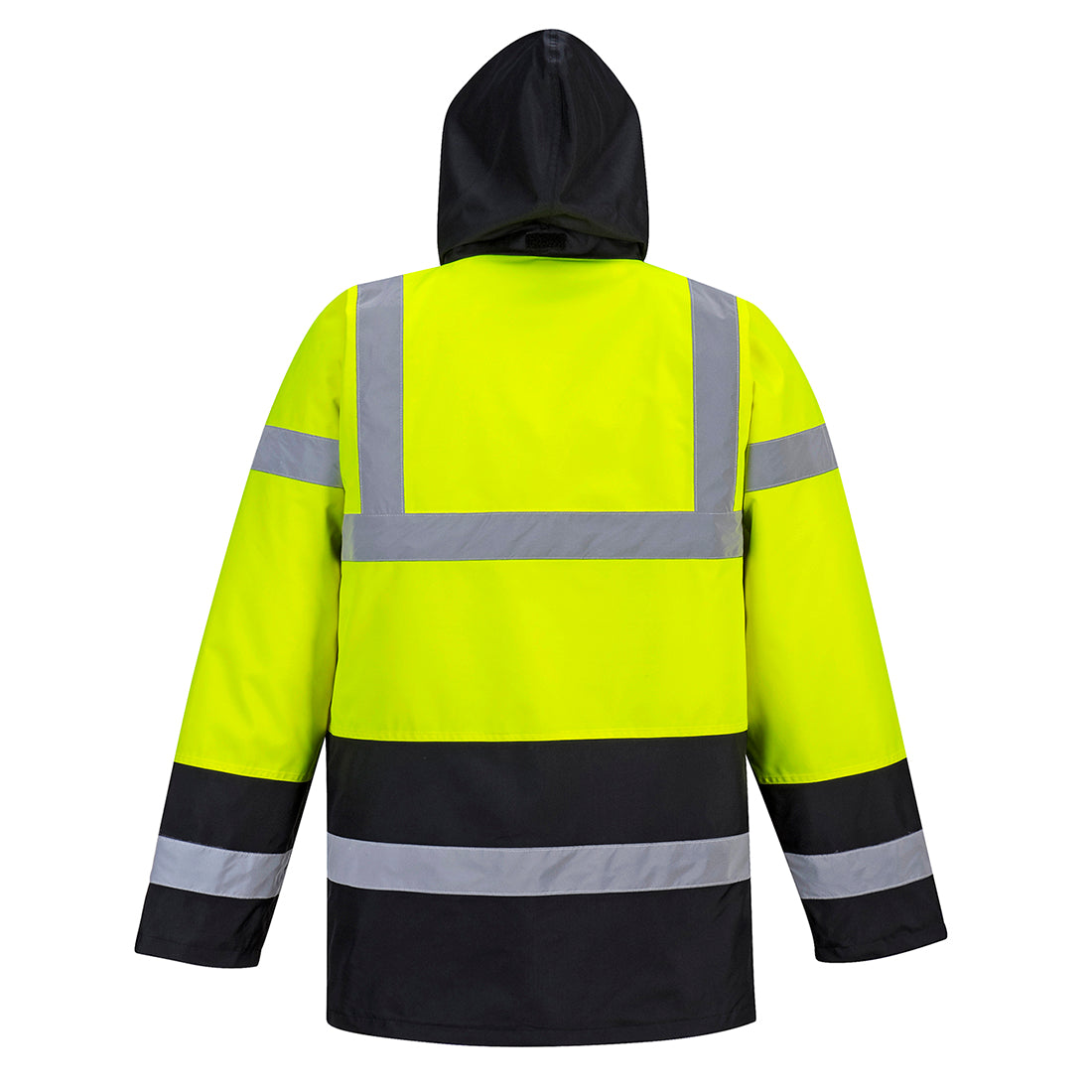 Warnschutzjacke gelb mit schwarzem unteren Bereich, Kapuze und breiten reflektierenden Streifen