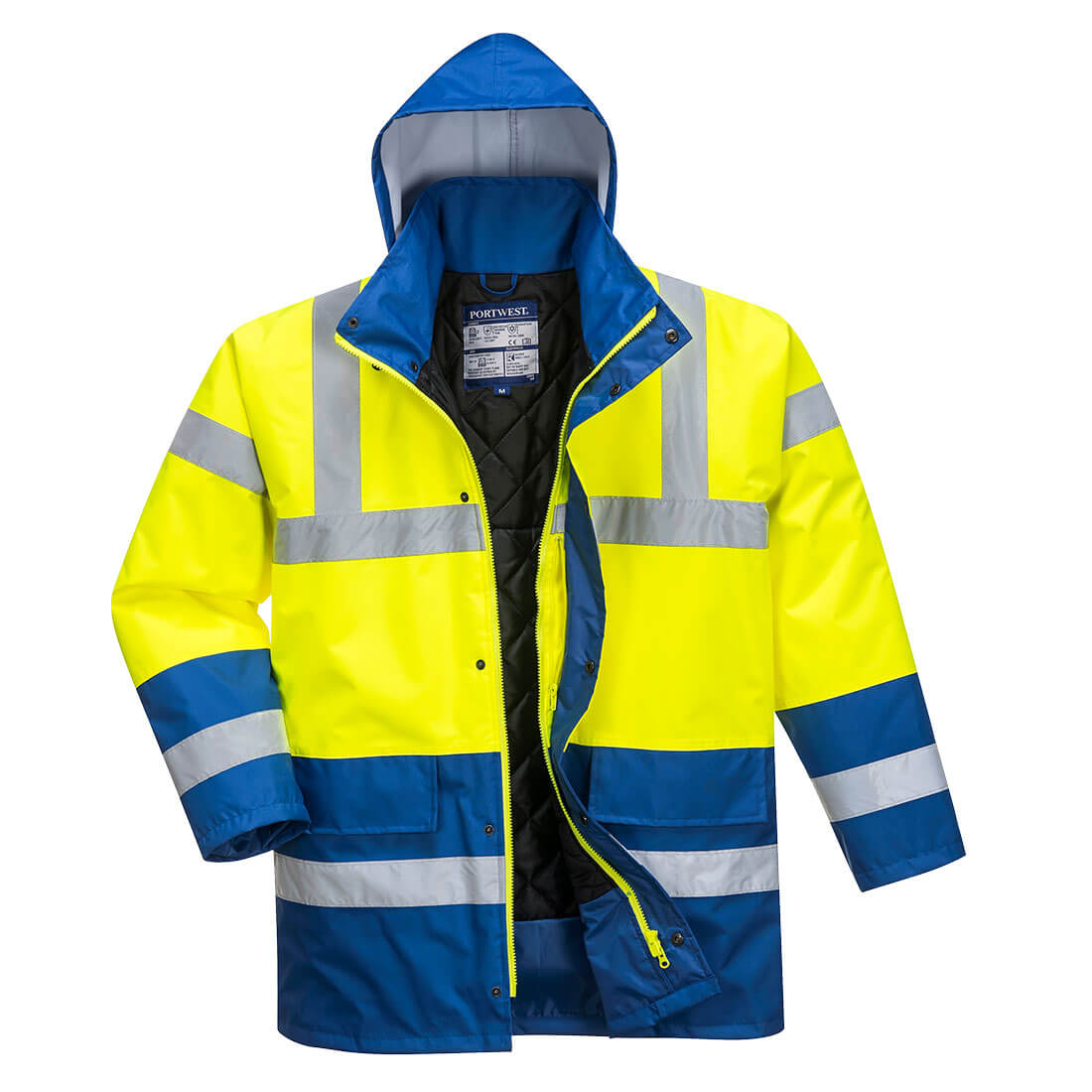 Warnschutz-Kontrastjacke mit Kapuze, gelb-blaue Reflexstreifen, durchgehende Front