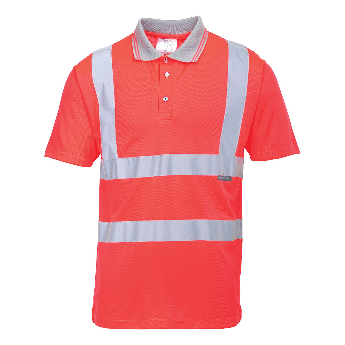 Warnschutz-Poloshirt, kurzarm, rot, mit reflektierenden Streifen und Knopfleiste