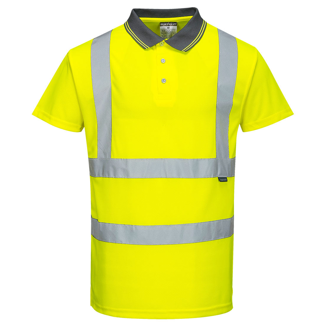 Warnschutz-Poloshirt kurzarm gelb mit reflektierenden Sicherheitsstreifen vorn