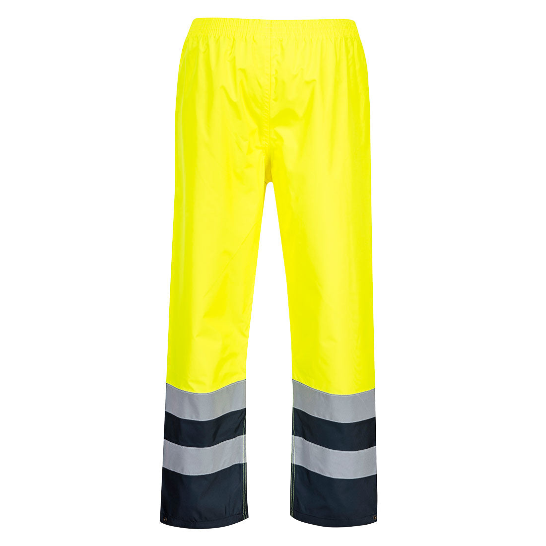 Warnschutzhose zweifarbig: gelb, elastischer Bund, reflektierende Streifen, dunkelblaue Beinenden
