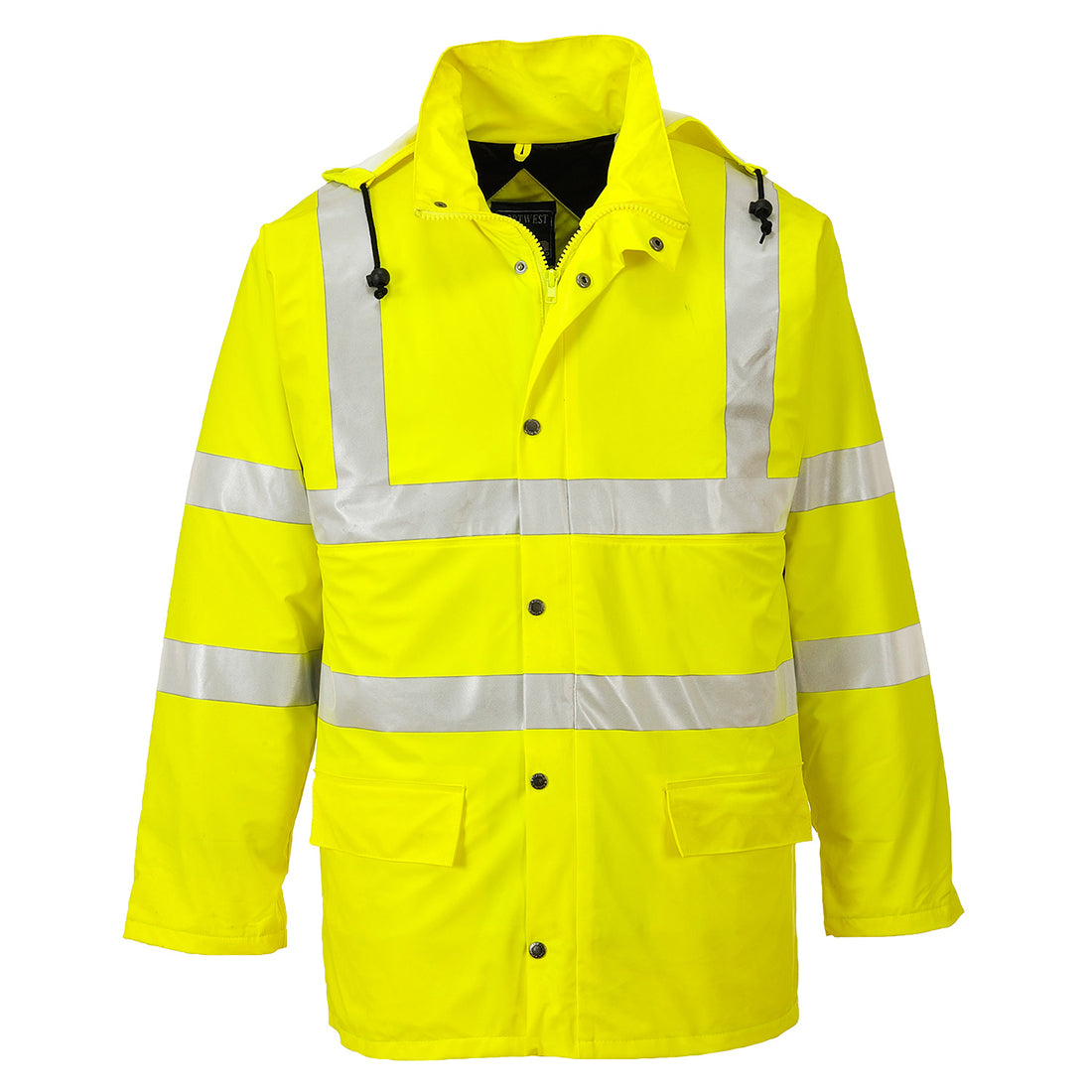 Warnschutz-Winterjacke in Gelb mit Kapuze und reflektierenden Streifen vorn