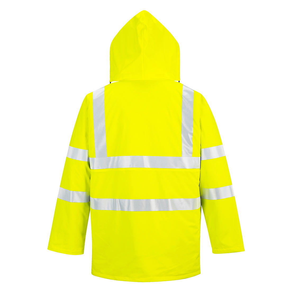 Warnschutz-Winterjacke gelb mit Kapuze und reflektierenden Streifen auf dem Rücken