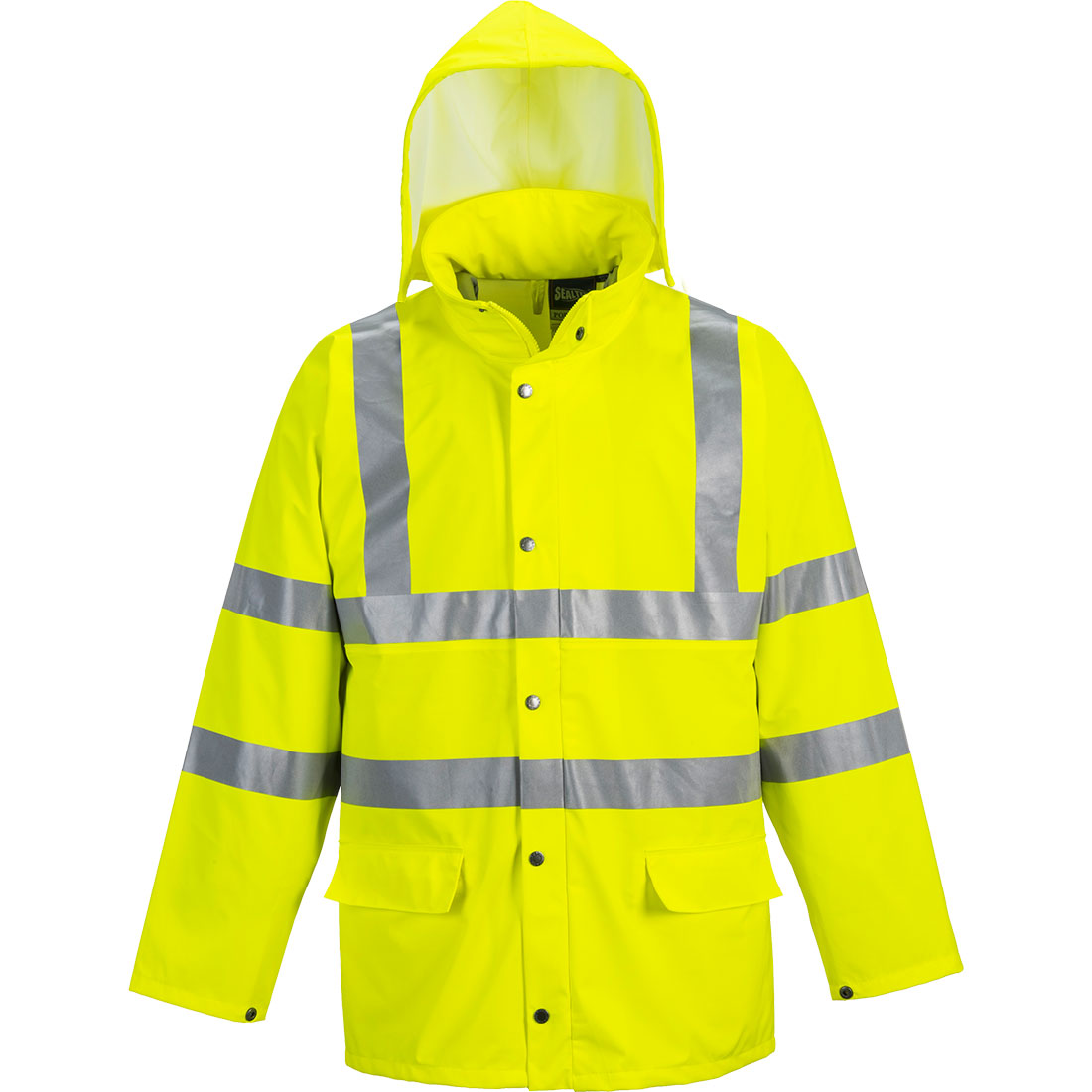Gelbe Regenjacke mit Kapuze, Knopfleiste, zwei Brusttaschen und reflektierenden Streifen