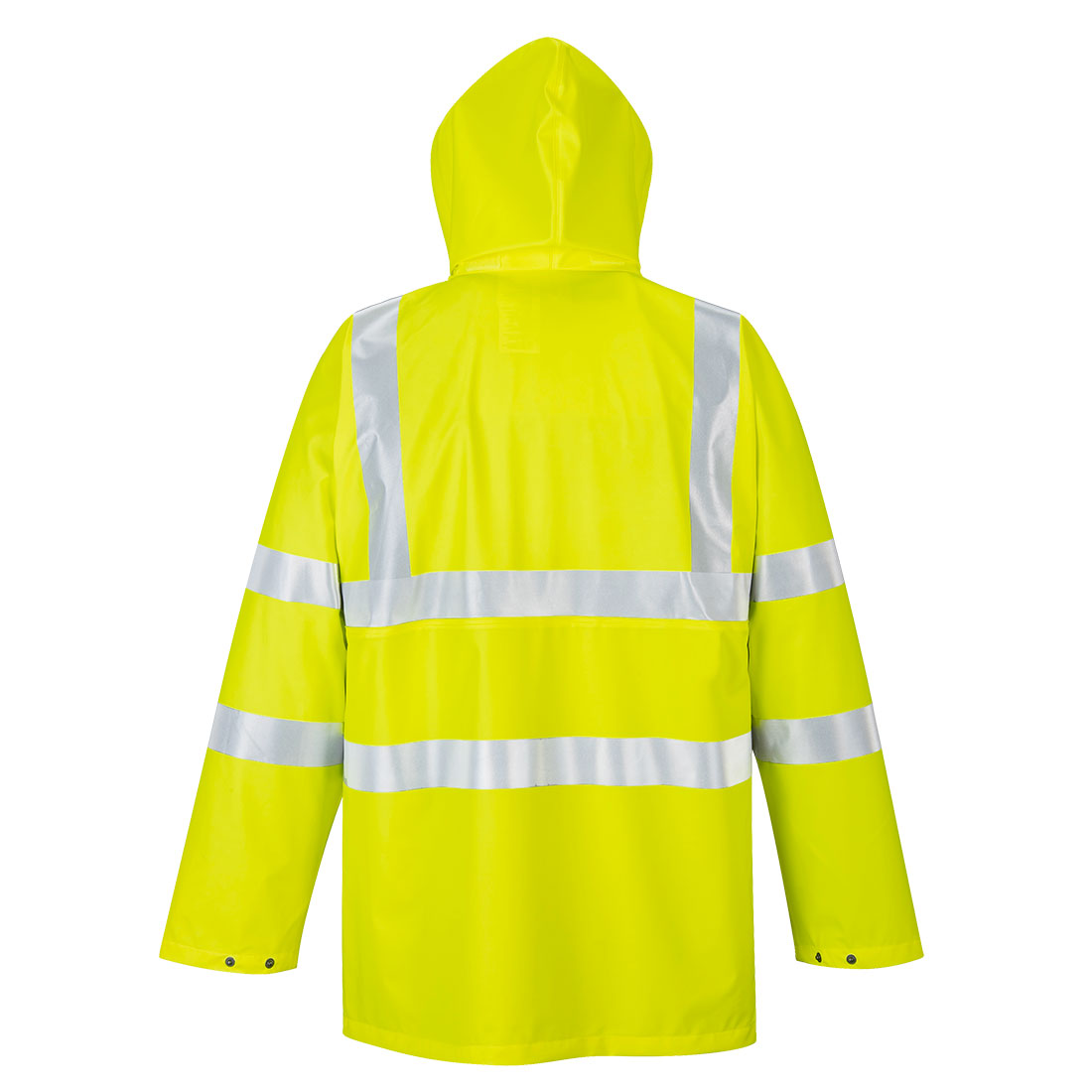 Gelbe Regenjacke mit Kapuze und reflektierenden Streifen, Rückansicht mit Knopfleiste