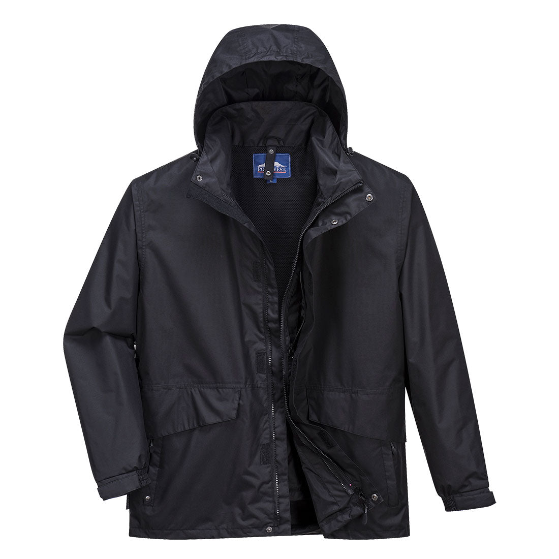 3-in-1 Arbeitsjacke mit Kapuze, schwarzer Frontreißverschluss und verdeckten Taschen