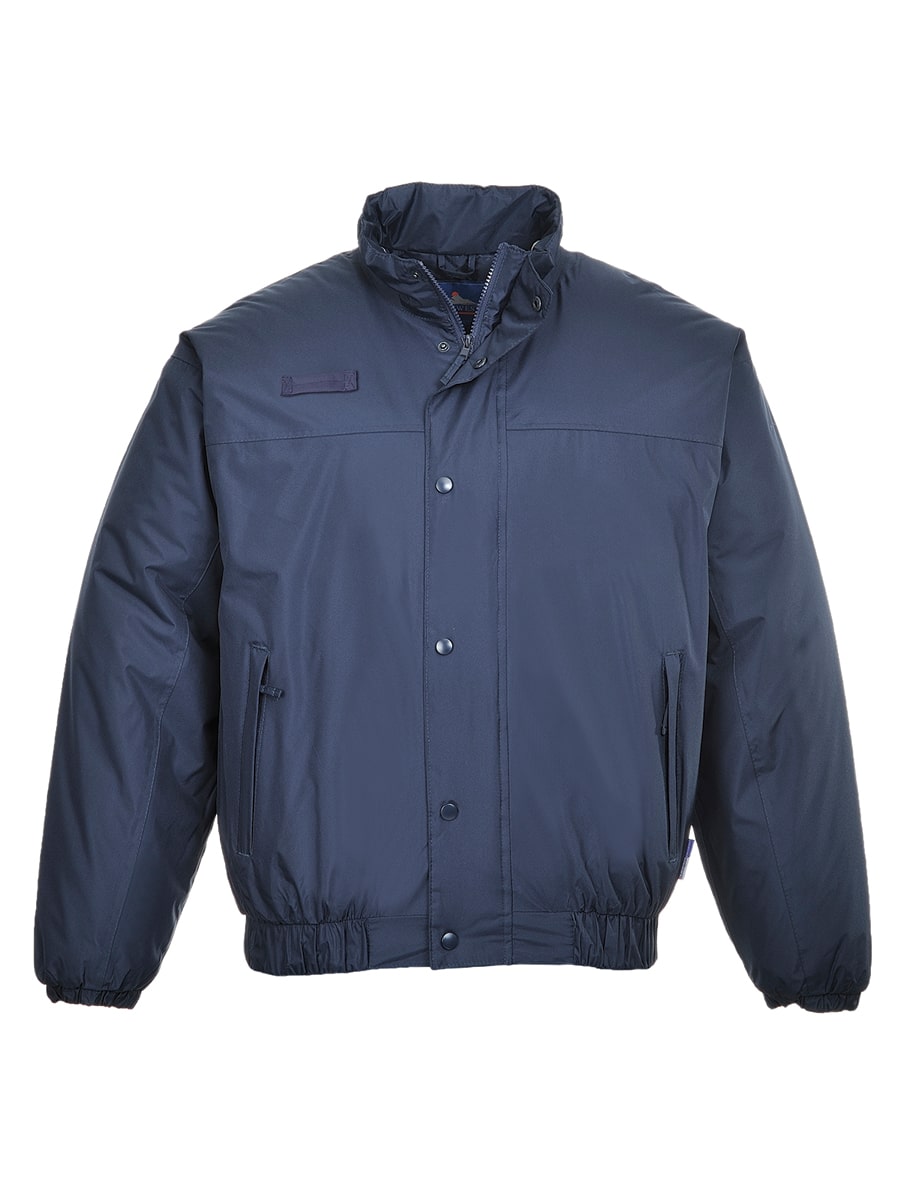 Dunkelblaue Pilotjacke mit Stehkragen, Knopfleiste und großen Fronttaschen