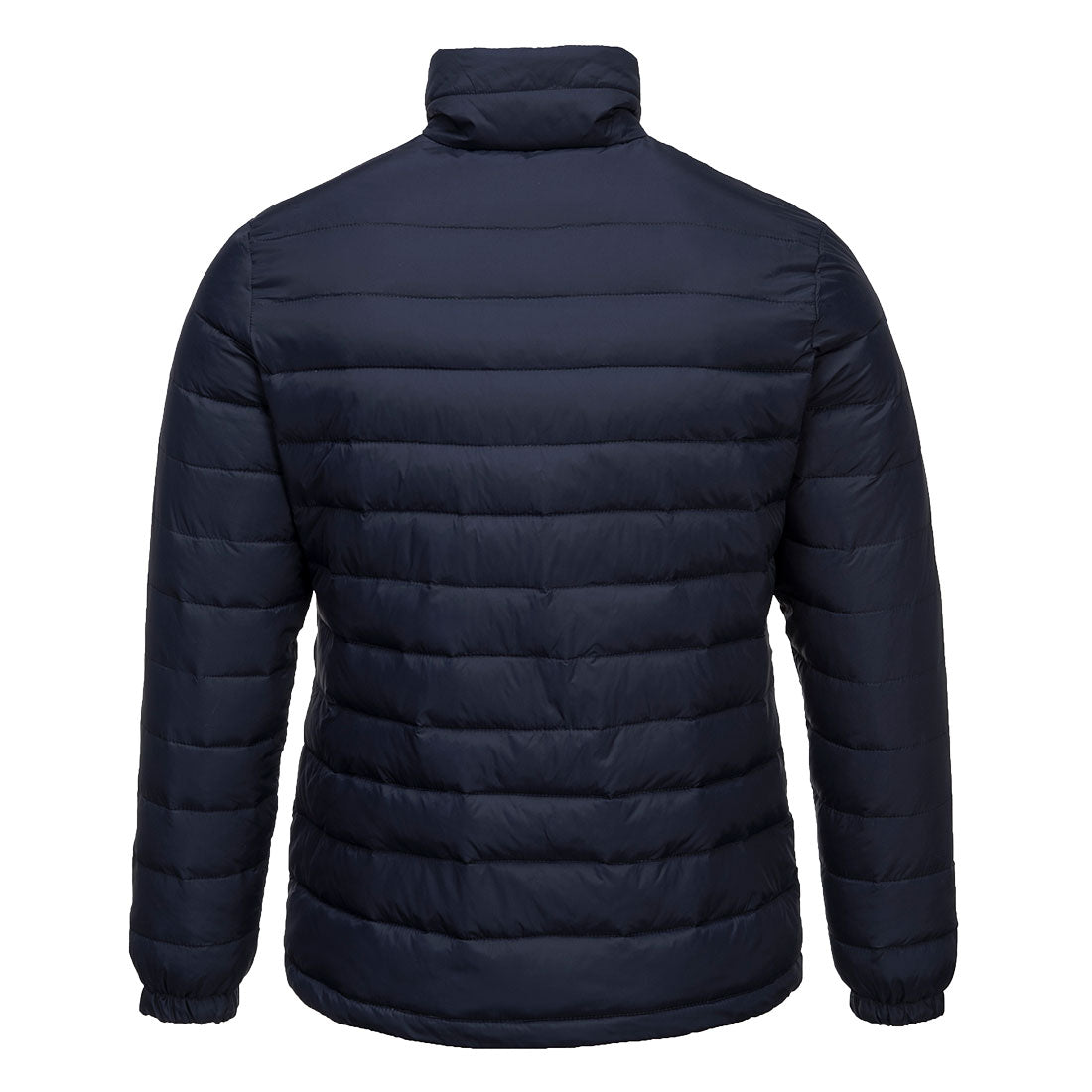 Rückansicht Damen-Steppjacke, marineblau, wattiert mit Steppnähten und Stehkragen