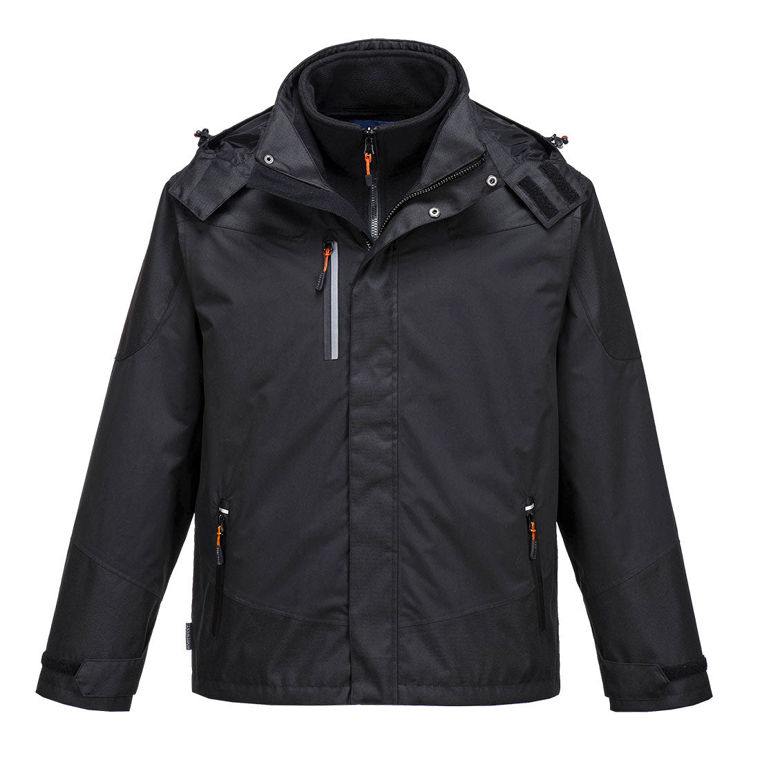 Portwest S553 Jacke, schwarze Arbeitsjacke mit Kapuze, durchgehendem Reißverschluss und Taschen
