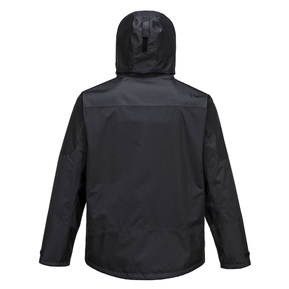 Portwest S553 Jacke, schwarze Arbeitsjacke mit Kapuze und rückseitiger glatter Fläche