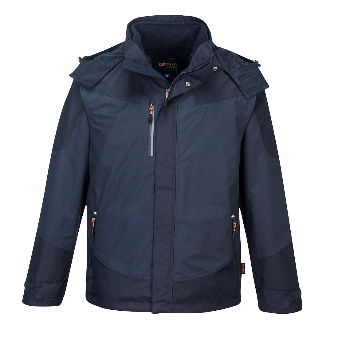 Radial 3-in-1-Jacke, dunkelblaue Herrenjacke mit Reißverschluss und Stehkragen.