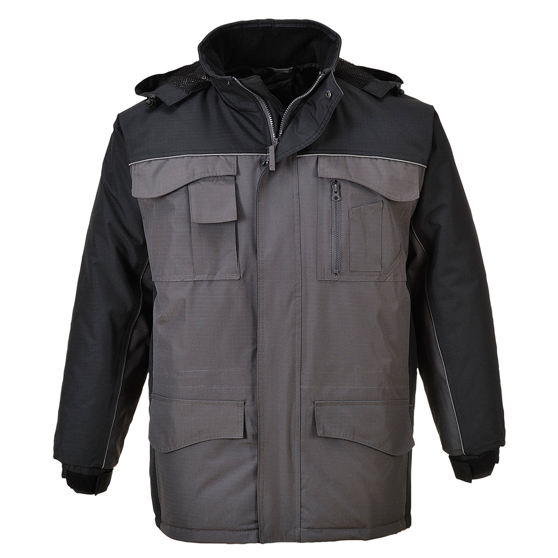 Herren-Parka mit Reißverschluss, Kapuze und Fronttaschen, grau/schwarz, Steppoptik