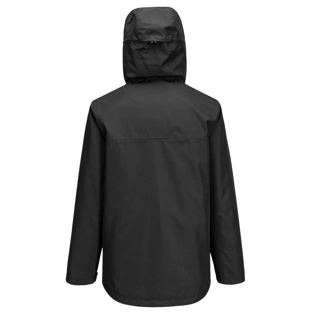 Dunkle Regenjacke mit Kapuze, Rückansicht