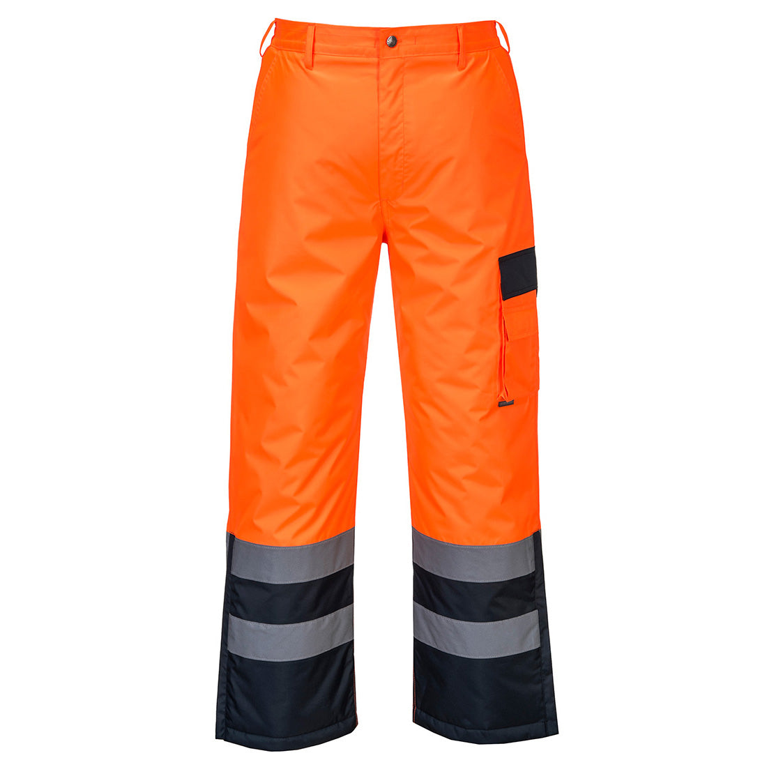 Portwest gefütterte Warnschutz-Kontrasthose S686 in Orange mit Marine und Reflexstreifen