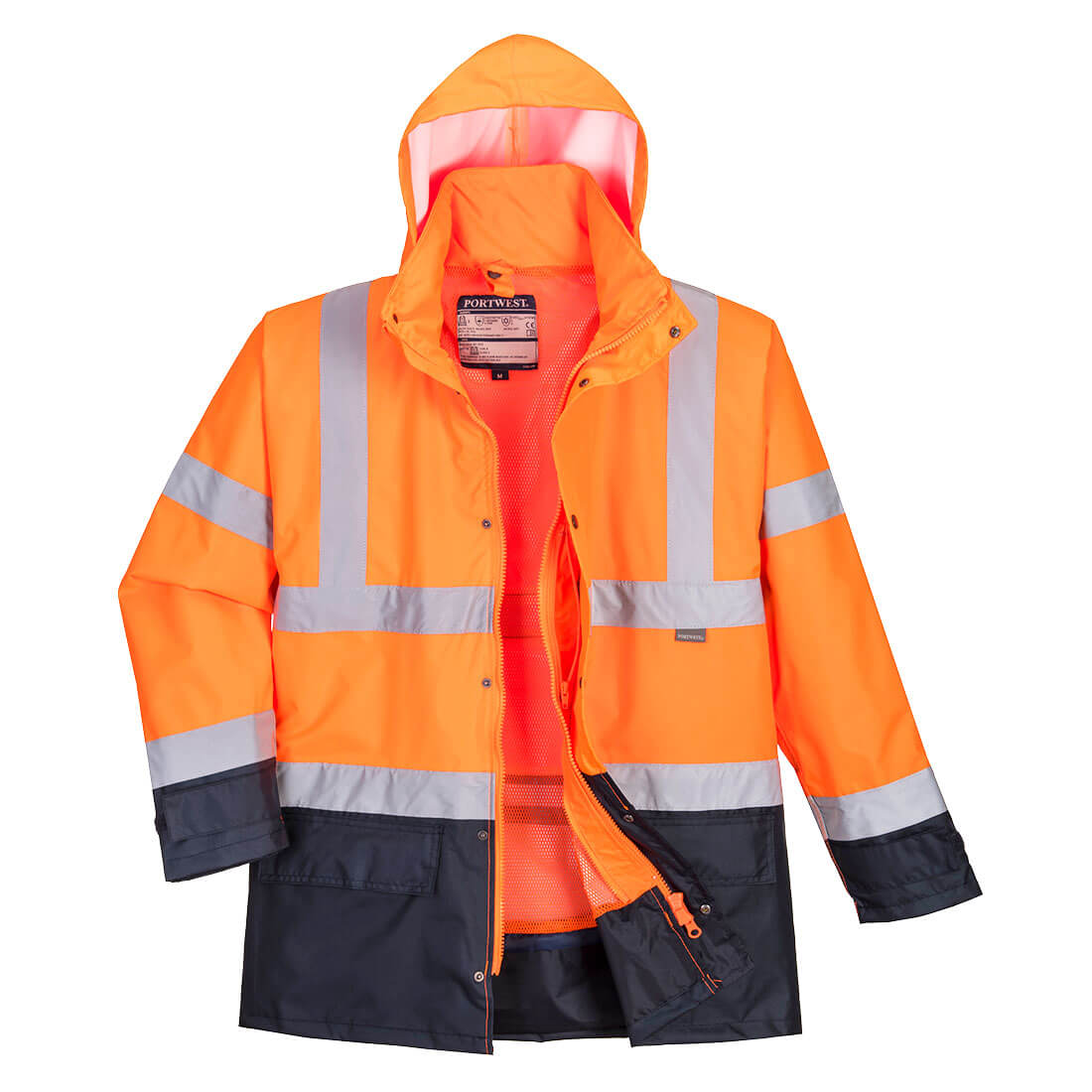Warnschutz-5-in-1 Jacke mit Kapuze, orange, Reflexstreifen, dunkel eingefasste Ärmel
