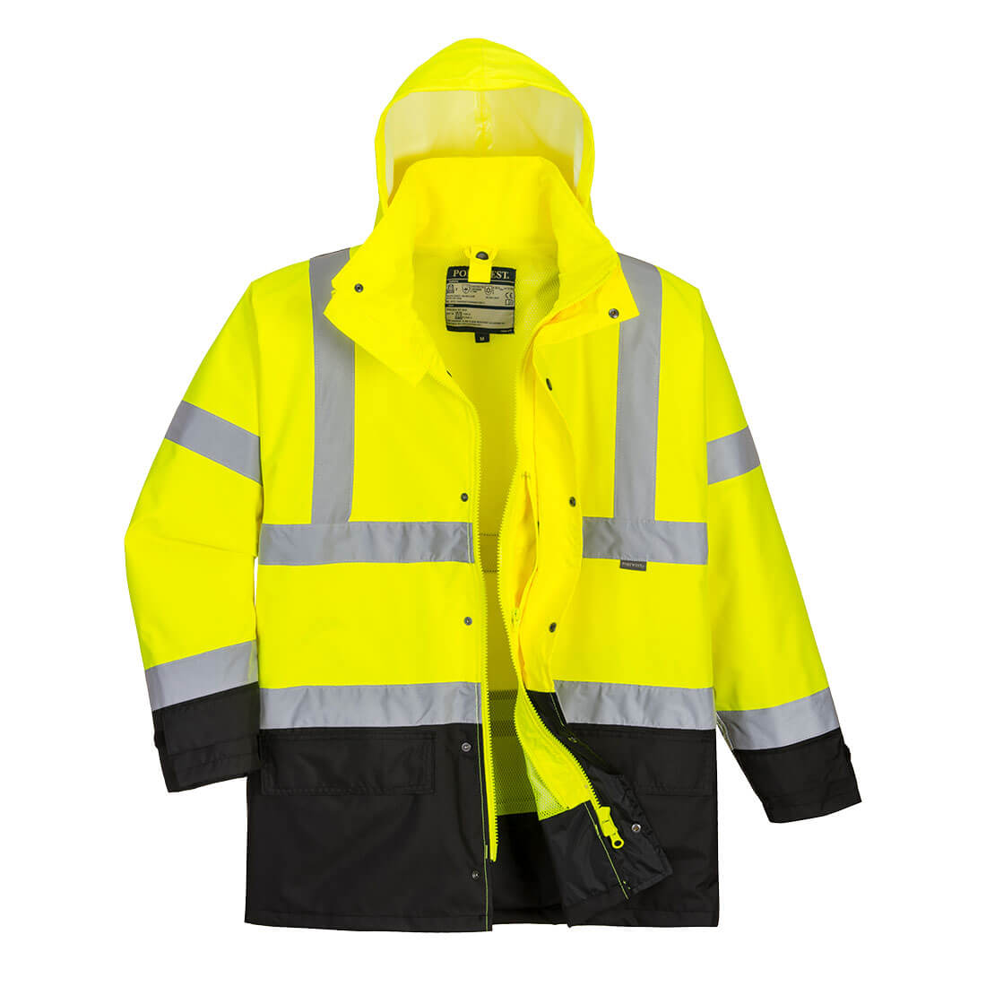Warnschutzjacke mit Kapuze, gelb-schwarz, breite Reflexstreifen, Frontknopfleiste