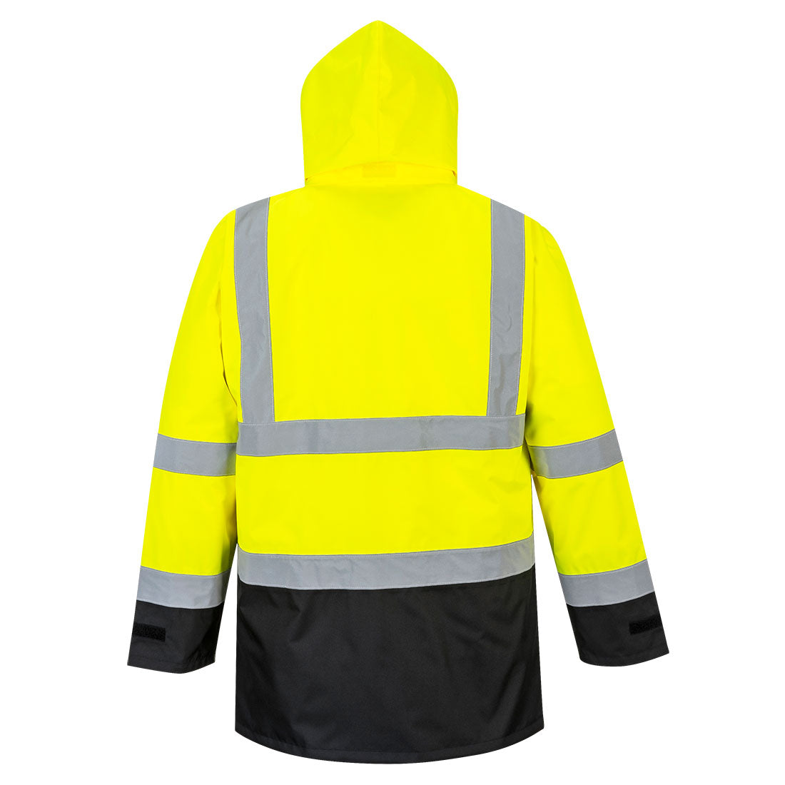 Warnschutzjacke mit Kapuze, gelb-schwarz, Reflexstreifen an Rücken und Ärmeln