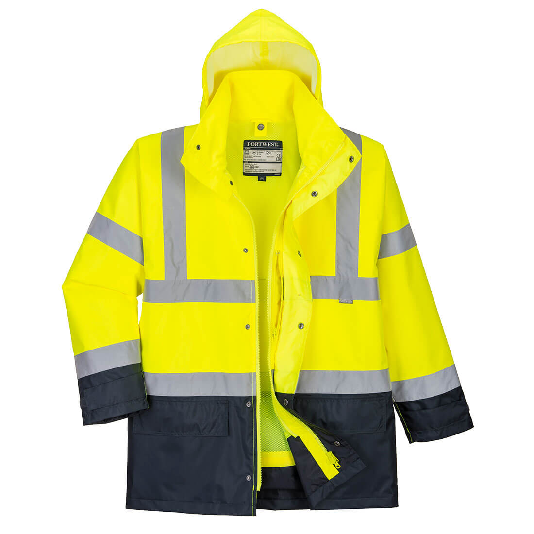 Warnschutzjacke mit Kapuze, gelb und dunkelblau, reflektierende Streifen vorn
