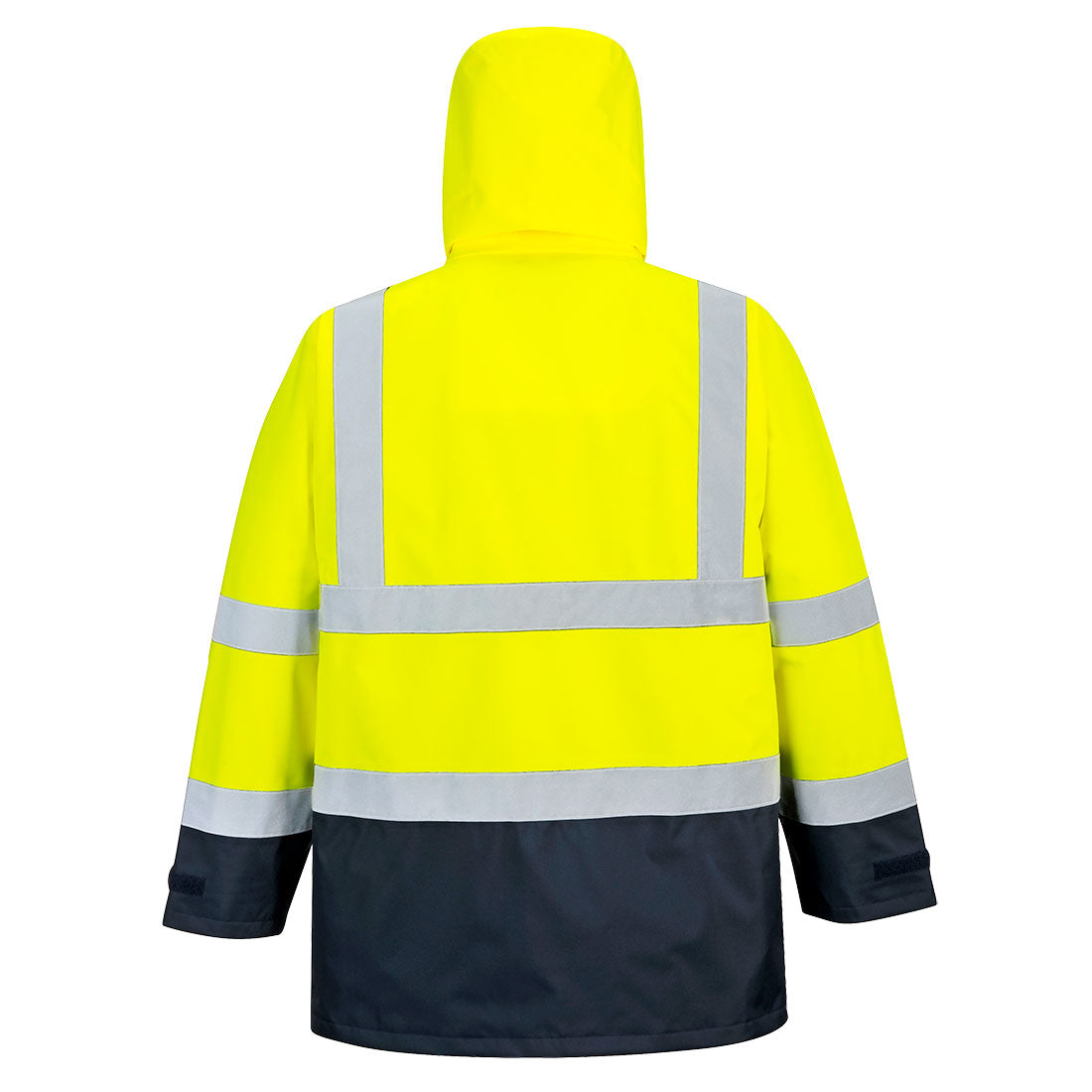 Warnschutzjacke mit Kapuze, gelb und dunkelblau, reflektierende Streifen hinten