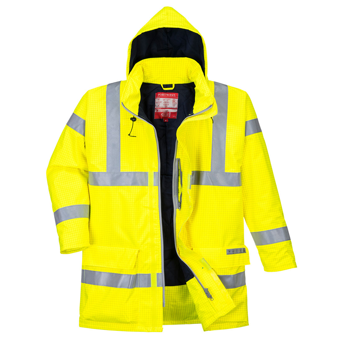 Warnschutzjacke, gelb, mit Kapuze und reflektierenden Streifen, wasserdicht, Reißverschluss