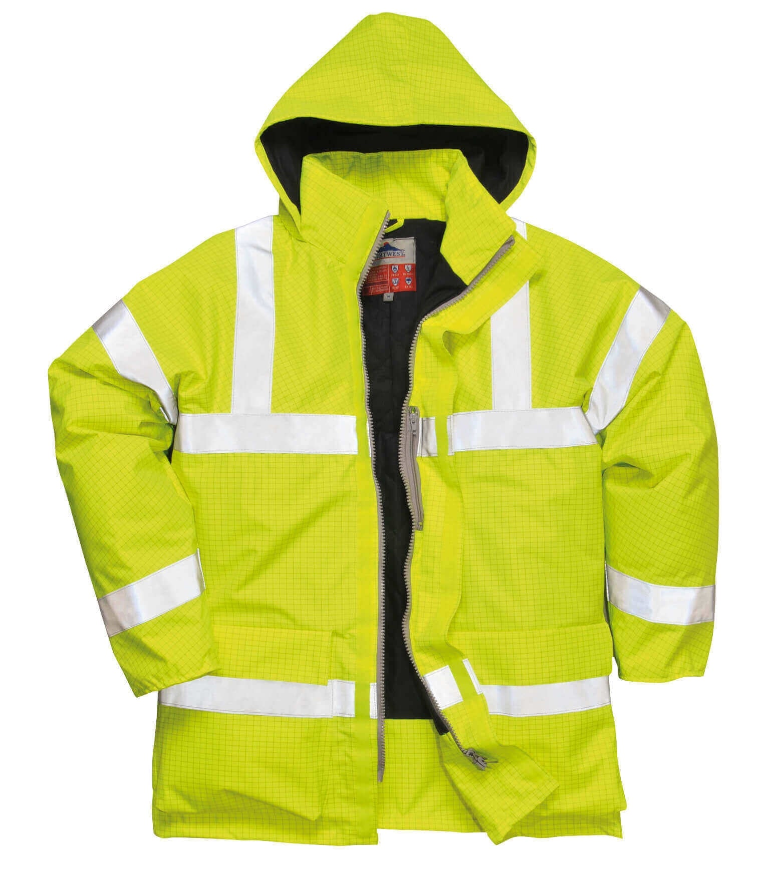 Warnschutzjacke mit Kapuze, gelb-grün, reflektierende Streifen über Brust und Ärmel, Reißverschluss