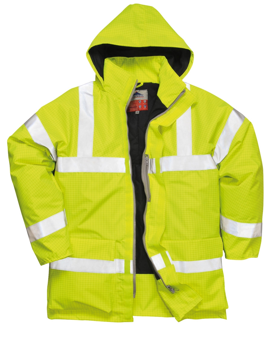Wasserdichte Warnschutzjacke mit Kapuze, gelb, reflektierende Ärmelstreifen und Fronttaschen