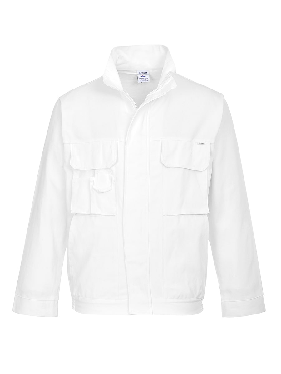 Portwest Malerjacke in Weiß mit Stehkragen, Reißverschluss und zwei Brusttaschen, lange Ärmel