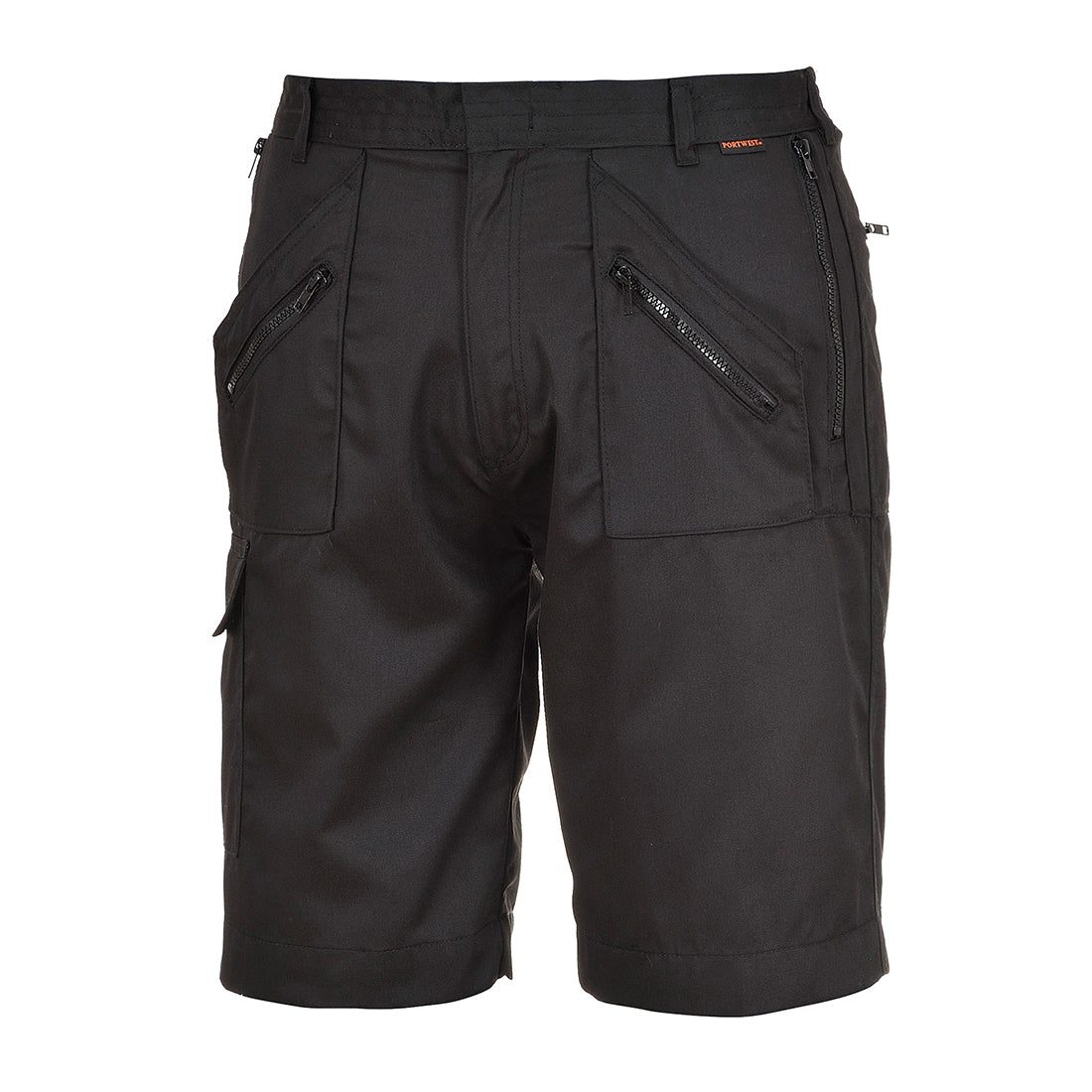 Schwarze Action-Shorts mit seitlichen Reißverschluss-Taschen und verstellbarem Bund