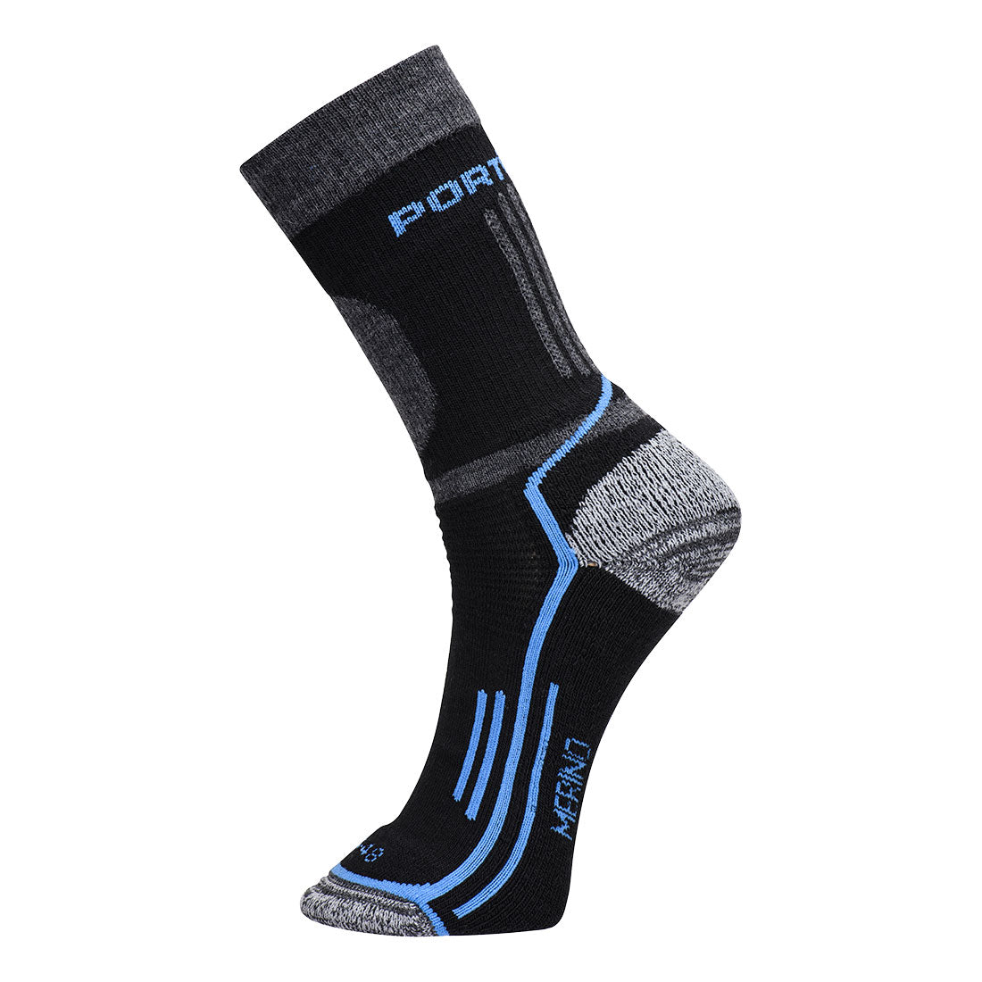 Schwarze Merino-Wintersocken mit blauem Streifenmuster an Ferse und Schaft