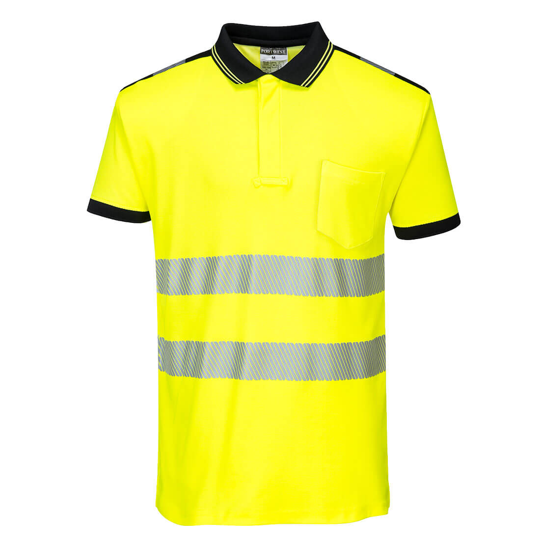 Warnschutz-Poloshirt in Gelb mit schwarzen Bündchen und Reflexstreifen, kurzarm