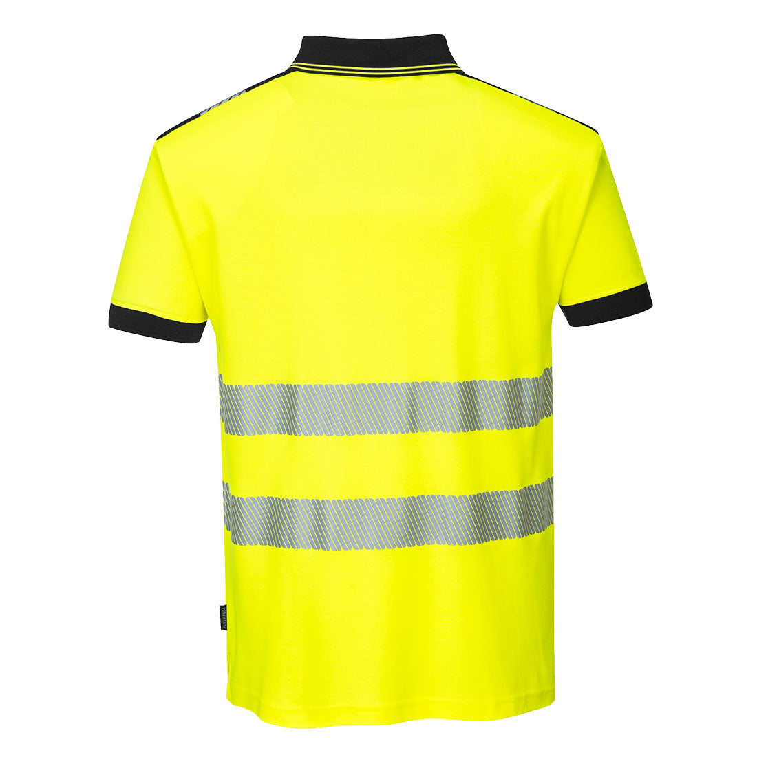 Warnschutz-Poloshirt gelb, Rückenansicht mit Reflexstreifen und schwarzem Kragen, kurzarm